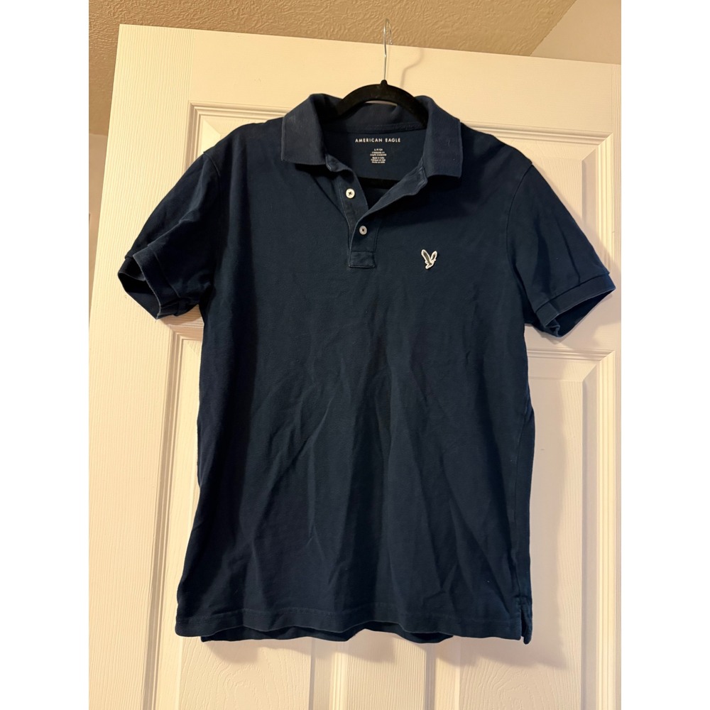 American Eagle Mens Navy Blue Cotton Pique Short Sleeve Eagle Logo Polo Shirt S